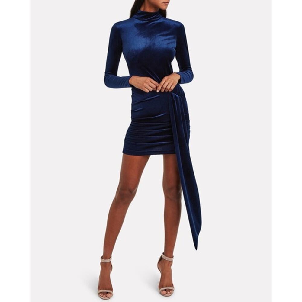 RONNY KOBO Marlinna Dress Draped Velvet Midnight Blue Size Small Sexy Ruched